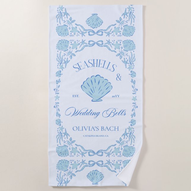 Seashells & Wedding Bells Bachelorette Beach Towel (Front)