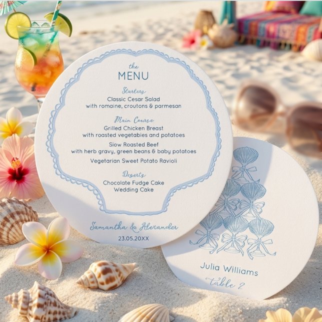 Seashells & Wedding Bells Beach Bachelorette Party Menu (Seashells & Wedding Bells Party Menu & Guest Name Card Beach Bachelorette Birthday Rehearsal Dinner)