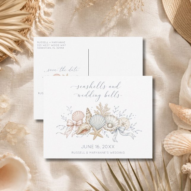 Seashells & Wedding Bells Beach Save the Date Announcement Postcard (Creator Uploaded)