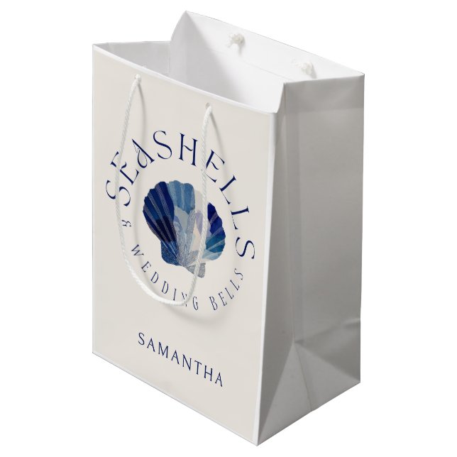 Seashells Wedding Bells Blue Beach Party Guest Medium Gift Bag (Front Angled)