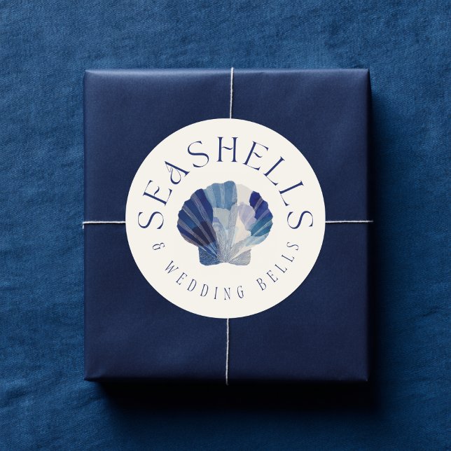 Seashells Wedding Bells Blue Beach Wedding Classic Round Sticker (Creator Uploaded)