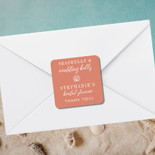 Seashells Wedding Bells Terracotta Bridal Shower Square Sticker