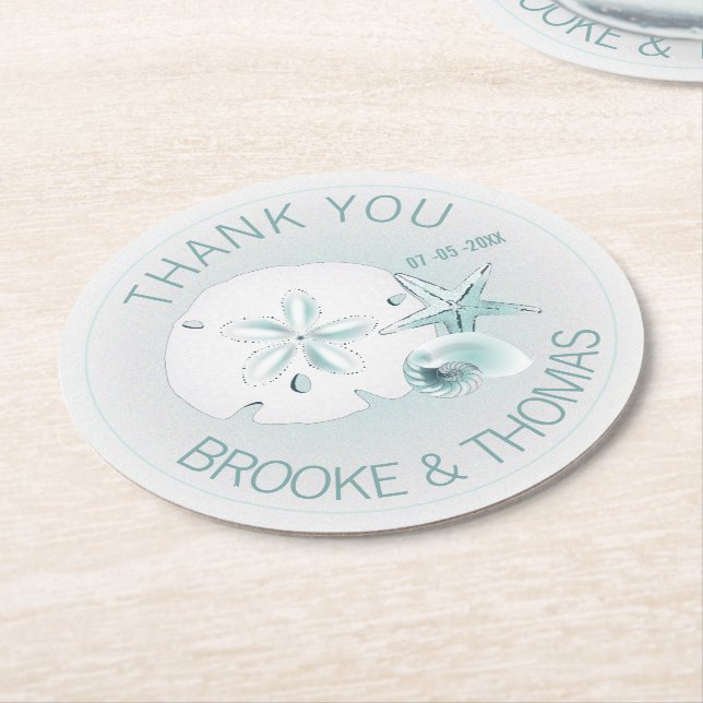 Seashells Wedding Round Paper Coaster (Angled)