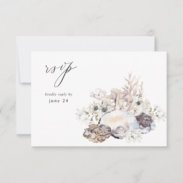 Seashells & White Floral w Meal RSVP 2 Card (Front)