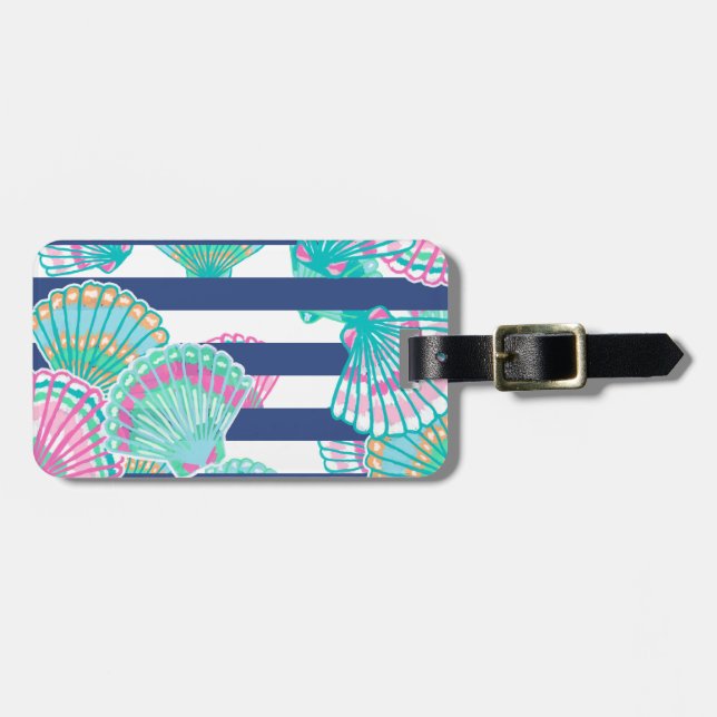 Seashells with Navy Blue Stripes Luggage Tag (Front Horizontal)