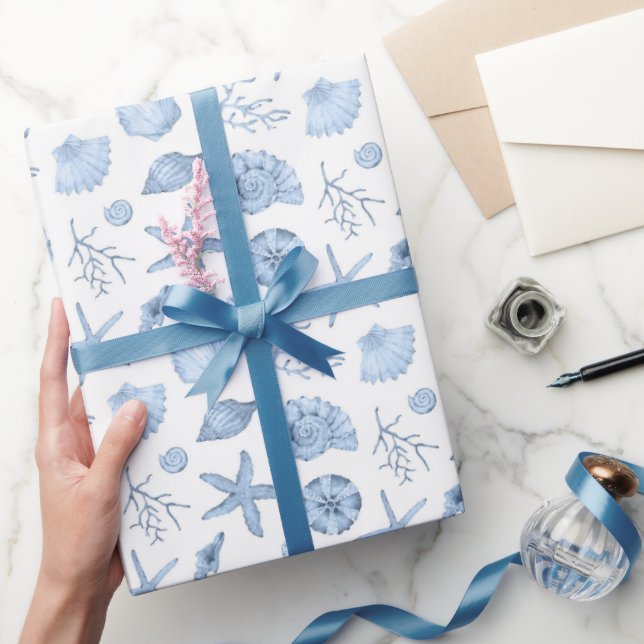 Seashells Wrapping Paper, Blue Seashore Gift Wrap (Gifting)