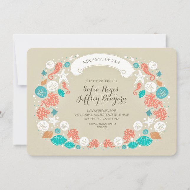 Seashells wreath beach save the date CARDS (Front)