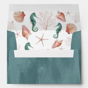 Seashore   Beach Blue Watercolor Seashells Wedding Envelope