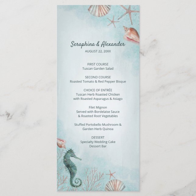 Seashore | Beach Blue Watercolor Seashells Wedding Menu (Front)
