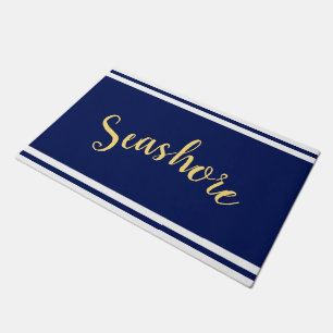 SEASHORE Navy Blue Racing Stripes White Edges Doormat