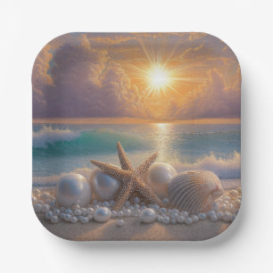 Seashore Ocean Sunset Seashells Pearls Paper Plate