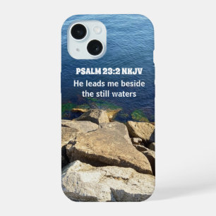 Seashore Photo Beside the Still Waters Bible Verse iPhone 15 Case