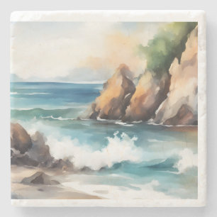 Seashore Watercolor Painting Background Art Design Stone Coaster