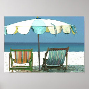 Seaside Beach, Chairs & Umbrella Poster