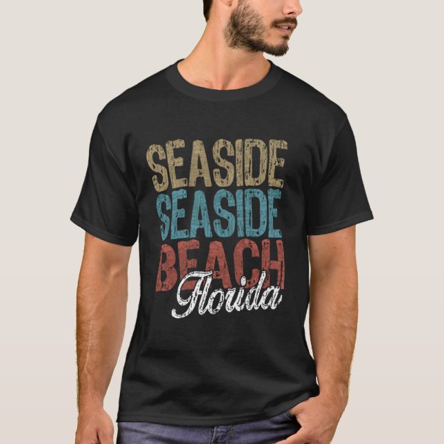 SEASIDE BEACH Florida HIBISCUS & SCRIPT Three Tone T-Shirt (Front)