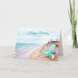 Seaside Beach Scene Teal Chair  Flowers Birthday Card