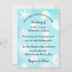 Seaside Blue and Teal Seashell Wedding Invitation
