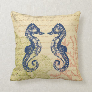 Seaside Blue Sea Horses Collage Cushion