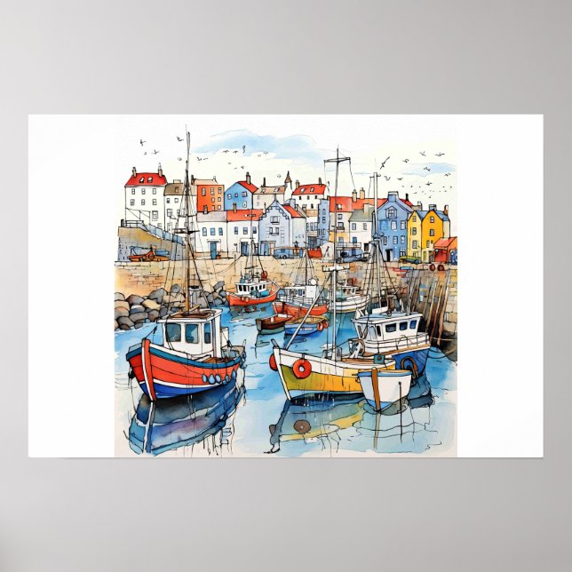 Seaside Boats In The Harbor Poster (Front)