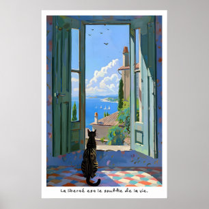 Seaside Cat Art Print French Typography Poster