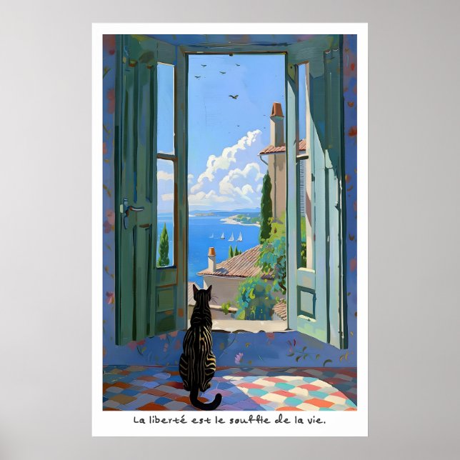 Seaside Cat Art Print French Typography Poster (Front)
