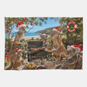 Seaside Christmas BBQ with Kangaroos and Koalas Tea Towel