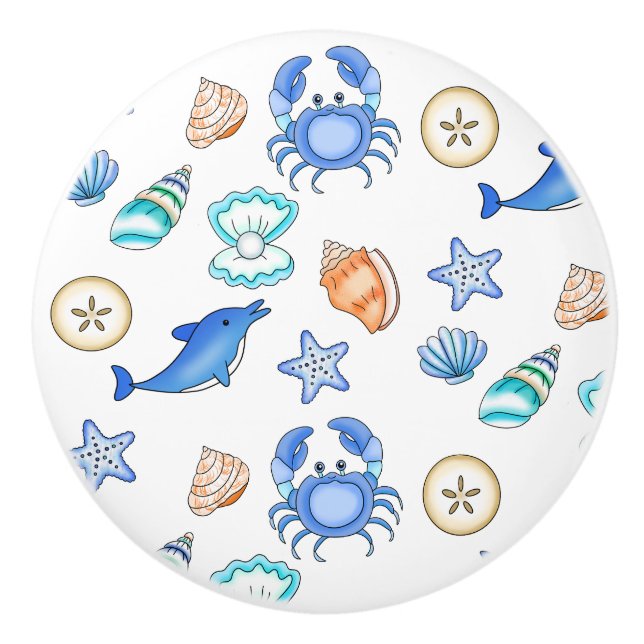 Seaside Coastal Crab, Dolphin and Seashells Ceramic Knob (Front)