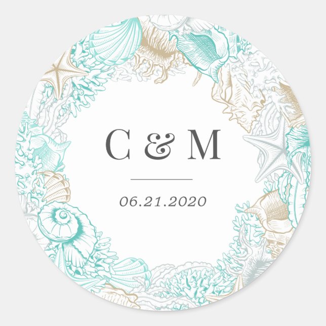 seaside coastal elegant wedding monogram classic round sticker (Front)