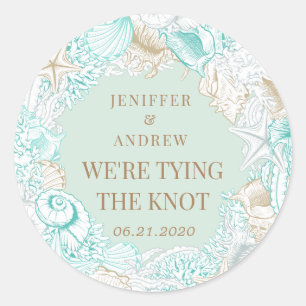 seaside coastal save the date monogram classic round sticker