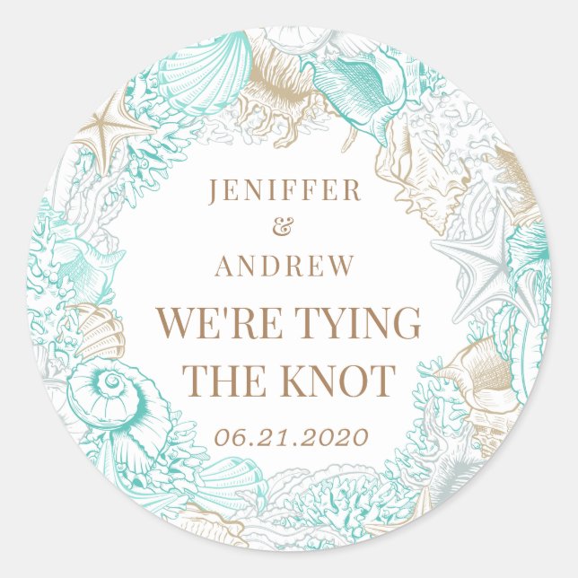 seaside coastal save the date monogram classic round sticker (Front)