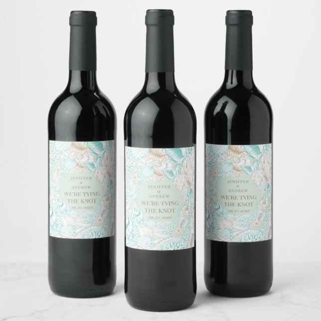 seaside coastal save the date monogram wine label (Bottles)