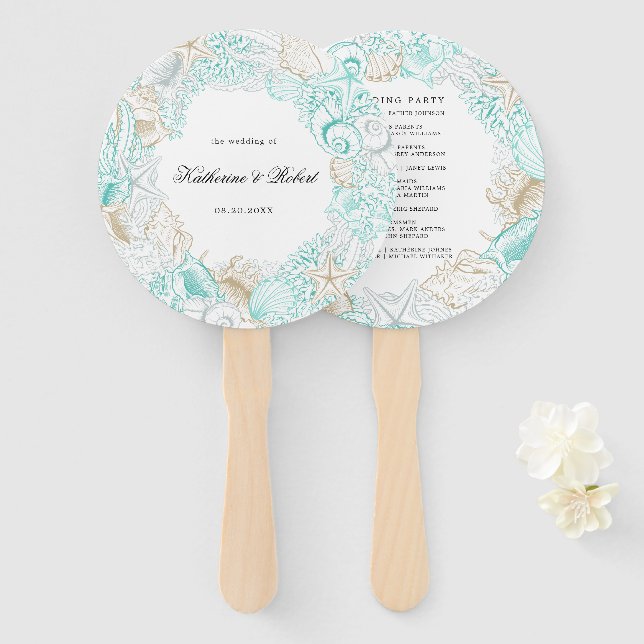 seaside coastal turquoise Wedding Program Hand Fan (Front and Back)