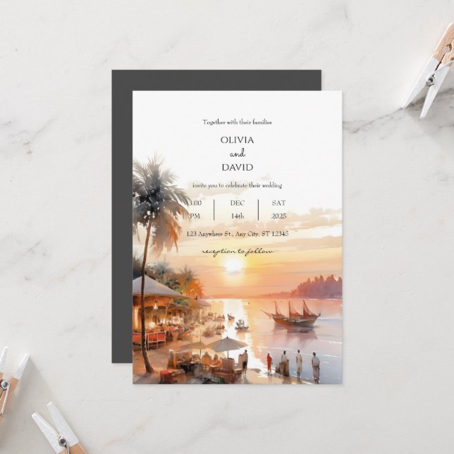 Seaside Coastal Village Market At Sunset Wedding  Invitation (Front/Back In Situ)
