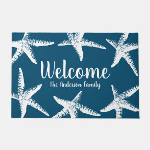 Seaside Coastal White Starfish Navy Blue Doormat