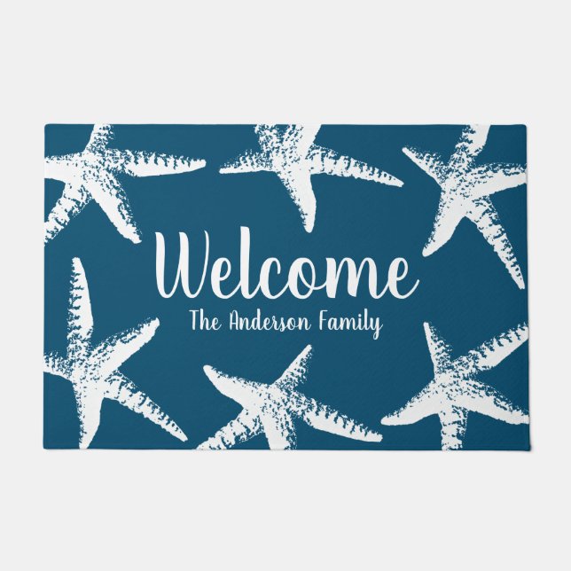Seaside Coastal White Starfish Navy Blue Doormat (Front)