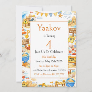 Seaside Construction Party 4th Birthday For Boy Invitation