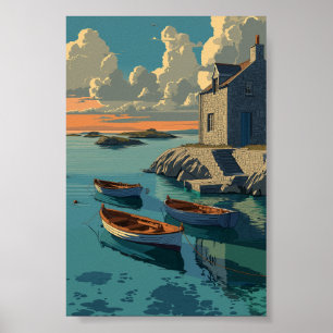 Seaside Cottage with Boats - Coastal Sunset Art Poster