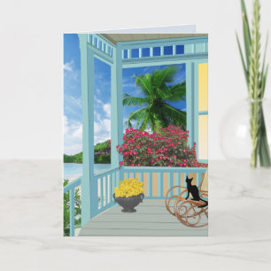 SEASIDE COTTAGE WITH CAT ART BIRTHDAY CARD