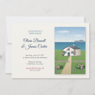 Seaside Cottage with Roses Painted Panel Wedding Invitation