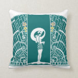 SEASIDE DECO in Turquoise and Yellow Cushion<br><div class="desc">This fabulous composition is an interesting look at an art deco classic - a bathing beauty with a parasol in silhouette. She is flanked on both sides with sweeping fans and little swirls with deco style flowers on the left and right margins. Outlined in white with a deep turquoise blue...</div>