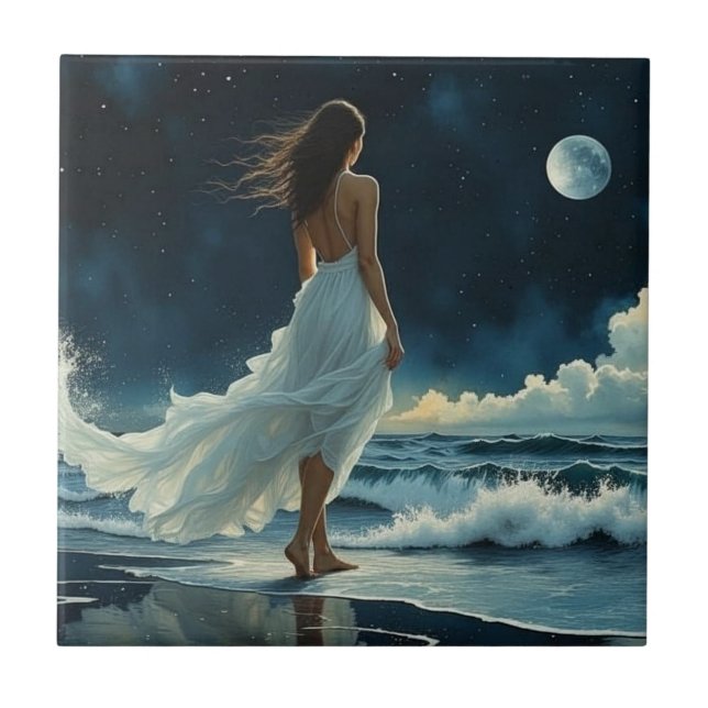  Seaside Escape under the Moon | Coastal Art Ceramic Tile (Front)