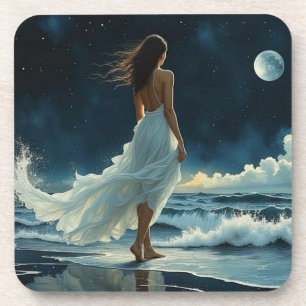 Seaside Escape under the Moon Coastal Art Coaster
