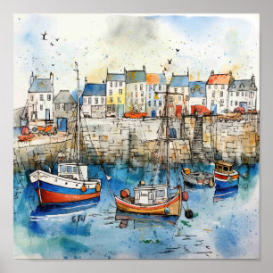 Seaside Fishing Boats In The Harbor Poster