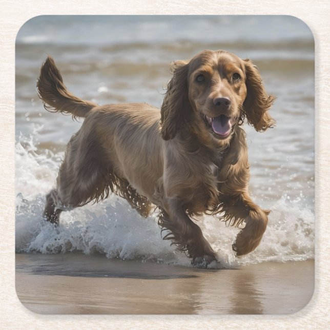 "Seaside Fun: A Cocker Spaniel Play in the Ocean Square Paper Coaster (Front)