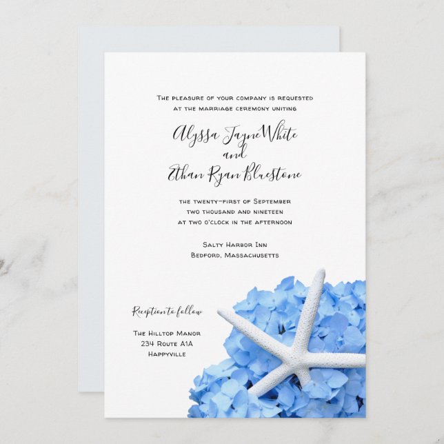 Seaside Garden Blue Hydrangea Wedding Invitation (Front/Back)