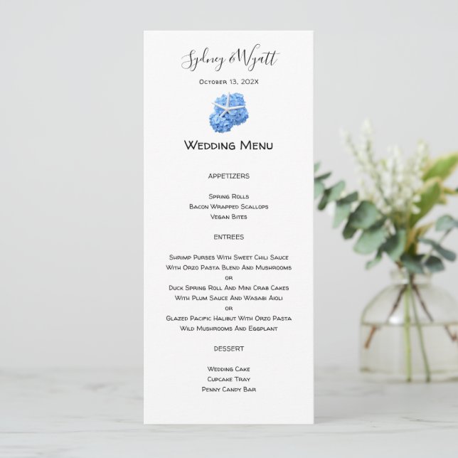 Seaside Garden Blue Tall Wedding Menu Template (Standing Front)