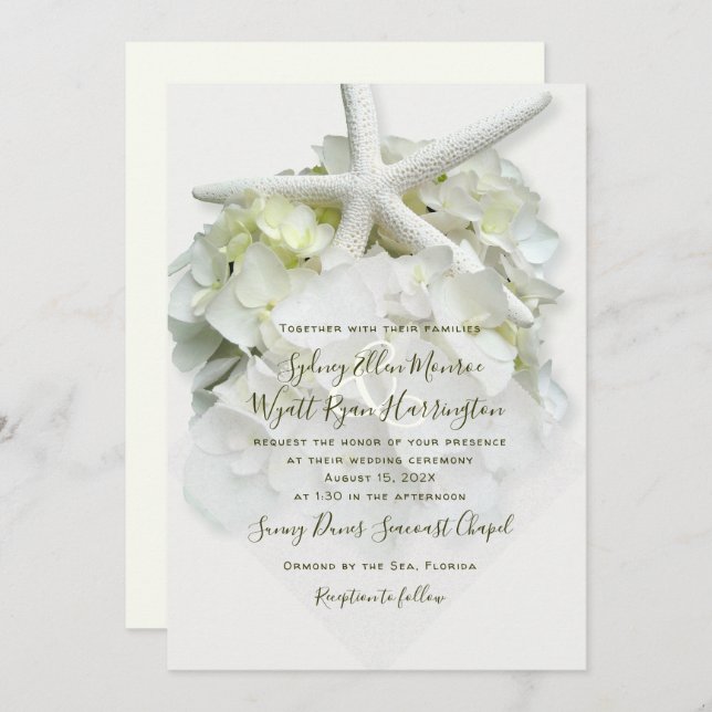 Seaside Garden White Starfish Hydrangea Wedding In Invitation (Front/Back)