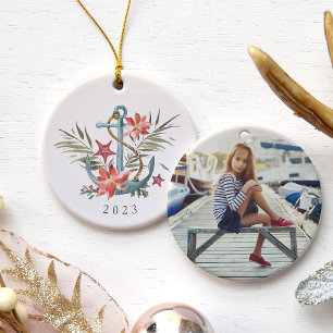 Seaside Holiday Nautical Anchor Year & Photo Ceramic Ornament