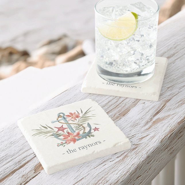 Seaside Holiday Personalised Family Name Stone Coaster (Creator Uploaded)