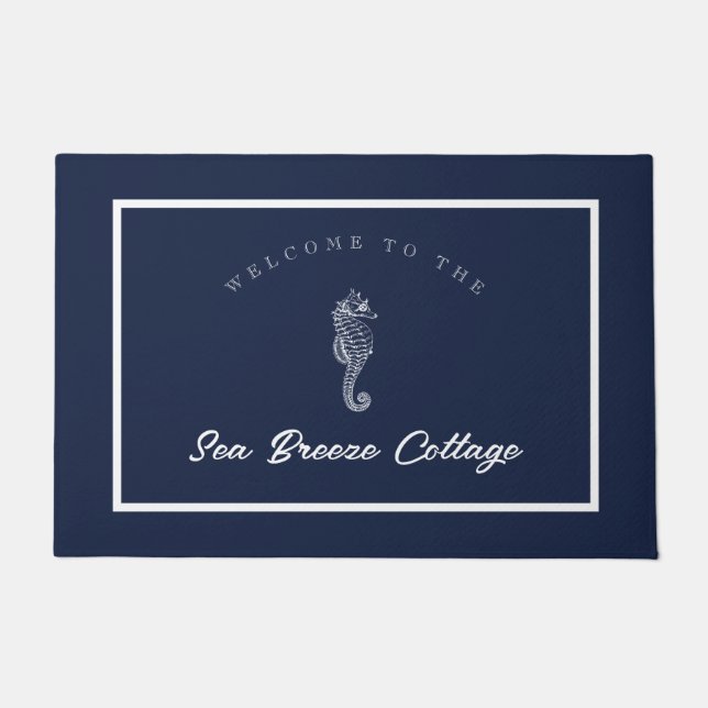 Seaside-inspired Blue and White Seahorse Doormat (Front)